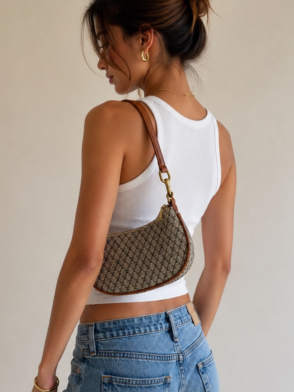 Zara Y2K Woven Shoulder Bag Brown Gold Hardware Mini Baguette Minimalist